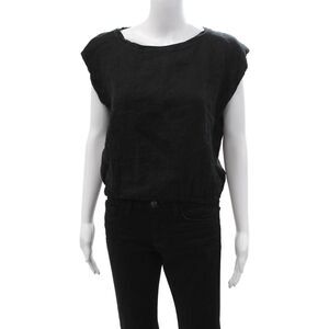 Garconne Women Basic Linen Sleeveless Blouse Round Neck Black Size M